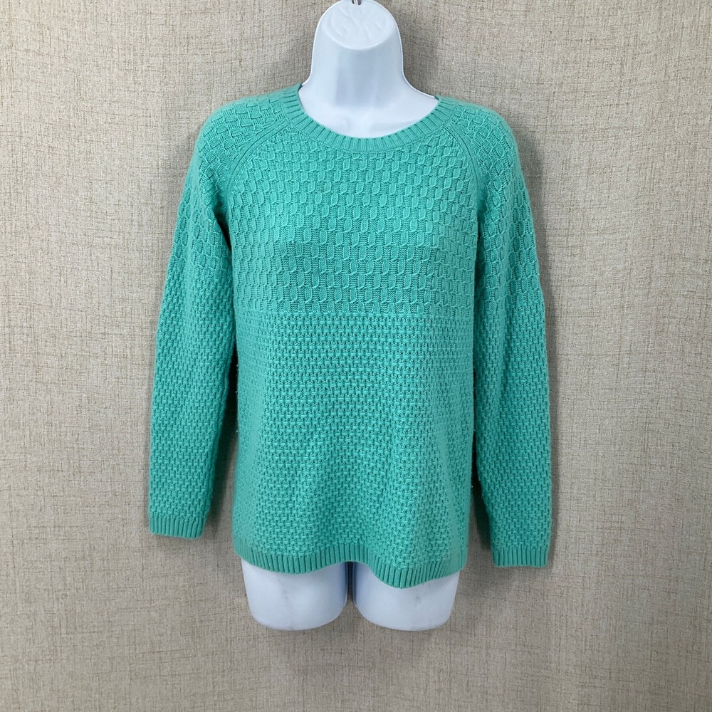 Talbots Sweater Women SP Green Wool Blend Basketweave Textured Classic Pullover